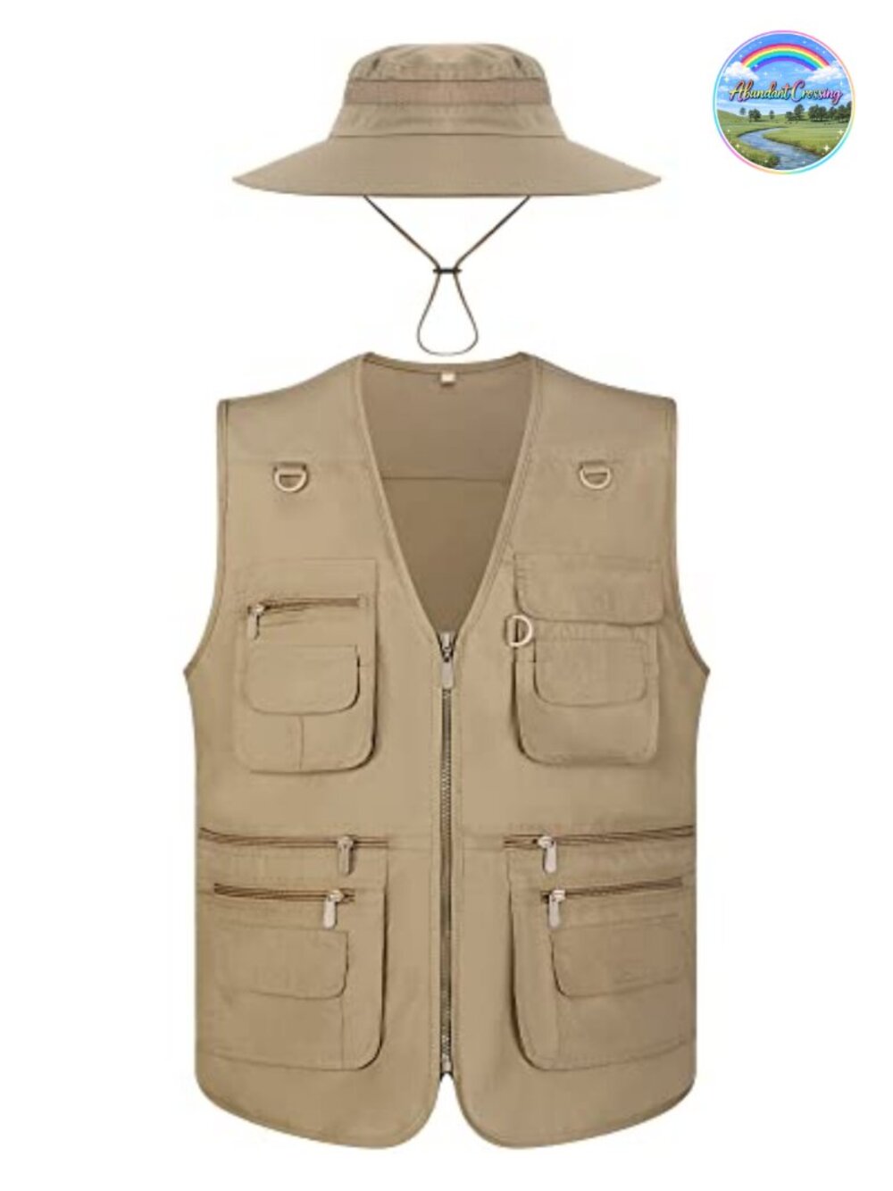 Men's Fishing Vest with Hat Set Polyester Cotton Sleeveless Zip Utility Pockets